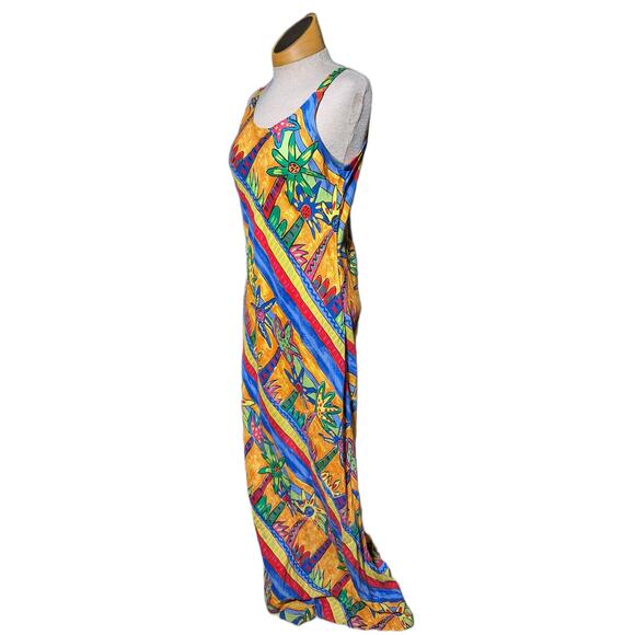 Vtg 1990s Palm Bay Yellow Colorful Tropical Tree Print Rayon Maxi Sun Dress Sz M - Picture 1 of 5